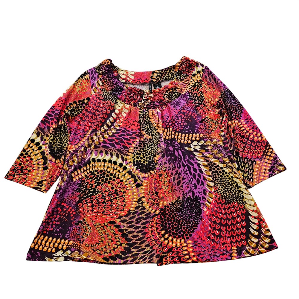 New Directions Woman 2X Blouse Abstract Print Smocked Neck 3/4 Sleeve Purple Red